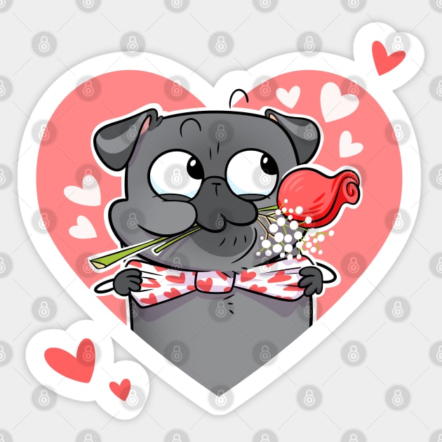 Valentine Rose - black pug Sticker by Inkpug